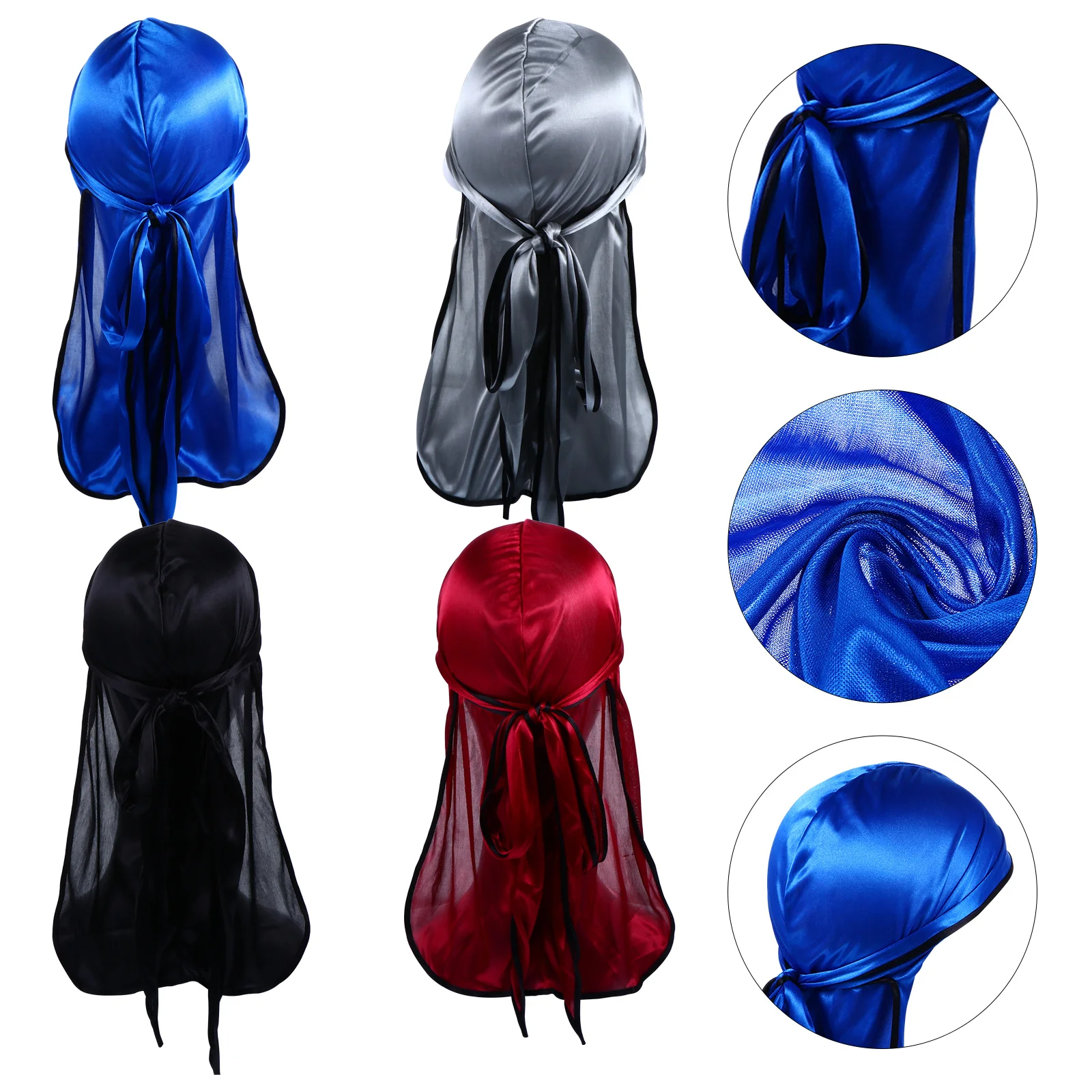 

4Pcs Pirate Durag Made of Polyester Silky Breathable Long Tail Headwrap Hair Protection Turban Cap for Men Women Hip-Hop Bikers