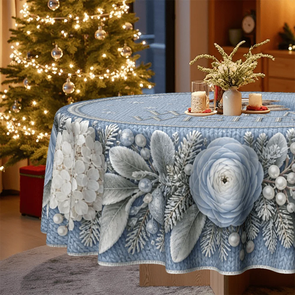 1 round tablecloth, Christmas theme, cute teddy bear with gifts, snowflake and wreath design