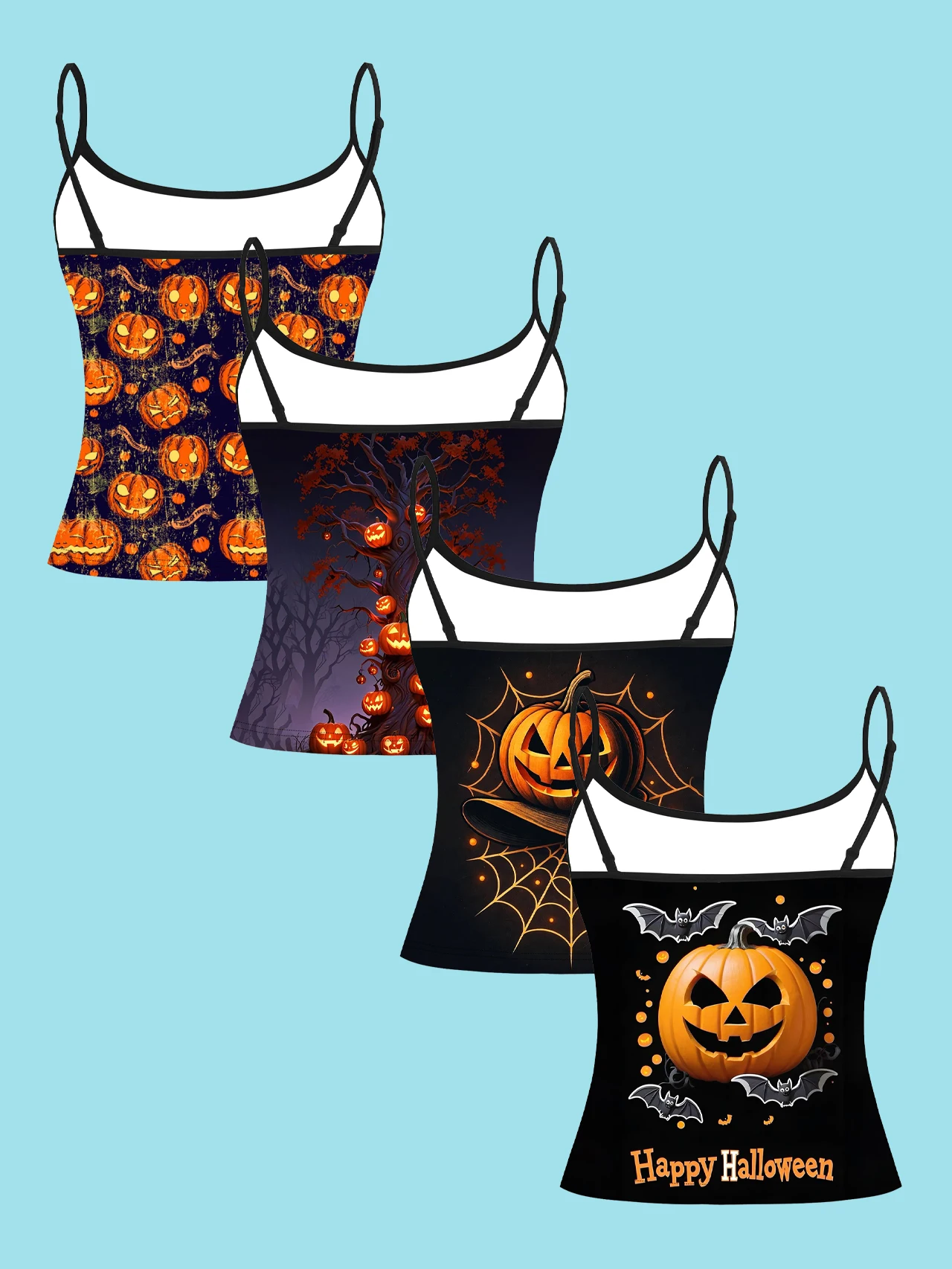 4-Pack Halloween Pumpkin Women's Camisole Tops with All-Over Print of Pumpkins, Withered Trees, Pumpkin Spider Webs, and Happy Halloween Text Print, Slim-Fit Spaghetti Strap Short Camisole Tops
