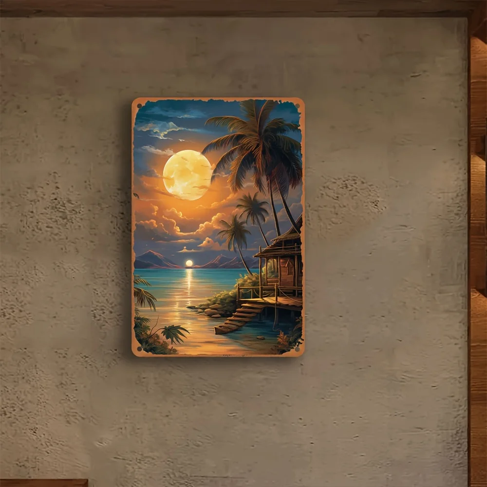 1PC Tropical Beach Sunset Metal Wall Art Iron Palm Tree And Ocean Theme Home Bar Garage Decortion 8x12 inches