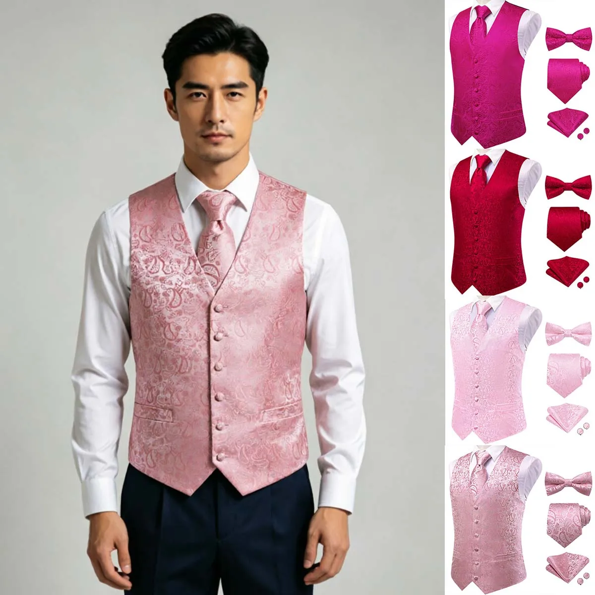 Men Red Pink Floral Paisley V Collar Waistcoat Full Set Busi