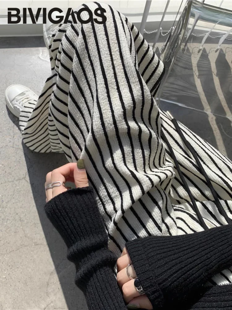 BIVIGAOS Spring New Vertical Striped Towel Straight Casual Pants Women High Waist Retro Lazy Style Drawstring Wide Leg Pants