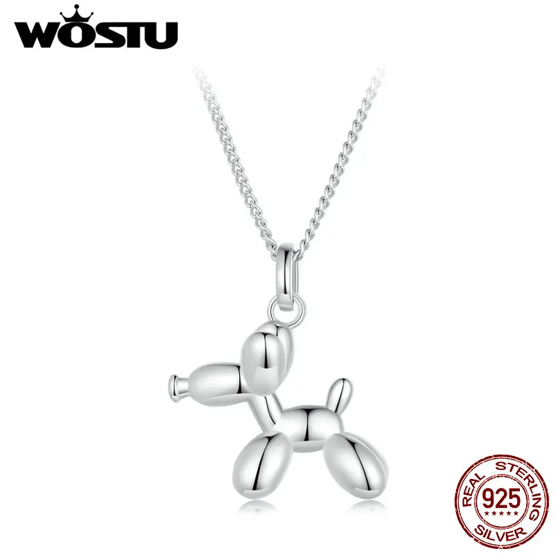 WOSTU Real 925 Sterling Silver Balloon Dog Pendant Necklace For Women Birthday Party Girl Lovely Jewelry  Family Pet Gift New