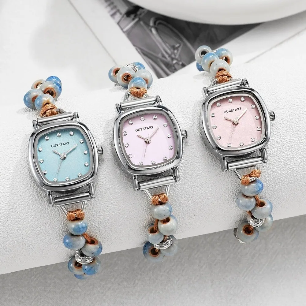 Fashion Weaving Beaded Quartz Wristwatches Rhinestone Simple Electronic Watch Casual Wrist Watches Women