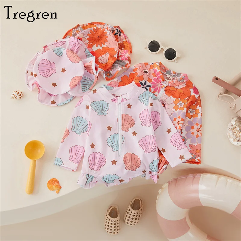 Tregren 0-24M Infant Baby Girls Swimsuit Spring Summer Romper Swimwear Long Sleeve Floral/Shell Print Bathing Suit with Hat