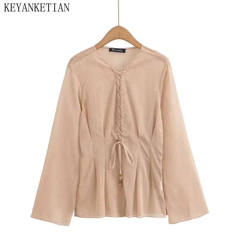 KEYANKETIAN Summer New Women's Flared Sleeves With Shiny Silk Chiffon Semi Transparent Placket Strap Design Shirt Women Top