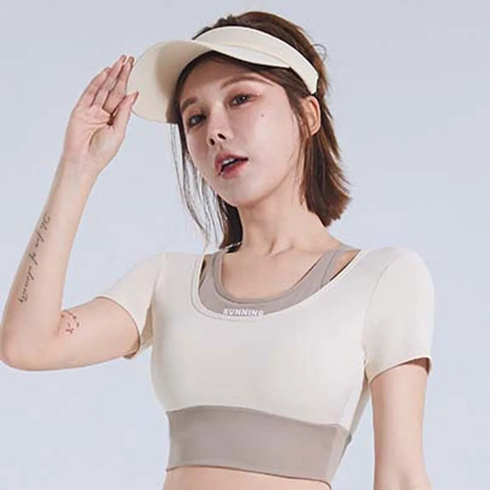 Combined in One Sports Top with Bra Tight Contrast Color Fitness Short-Sleeved Fake Two-piece Thickened Yoga T-shirt Outdoor