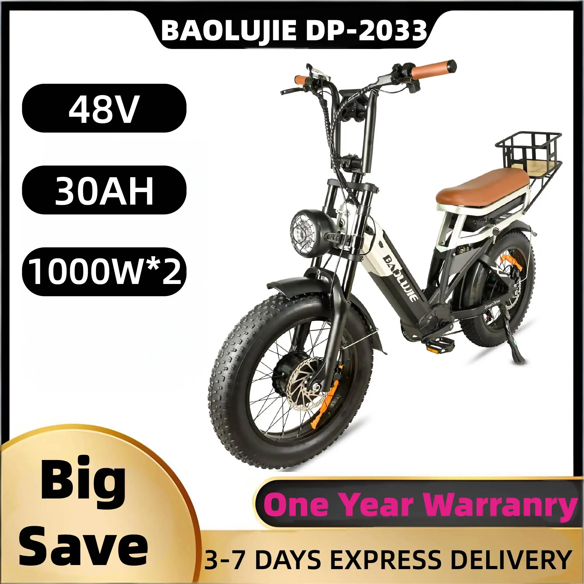 

BAOLUJIE DP-2033 adult E-bike 1000W*2 48V15+15Ah battery commute Electric Bike,20-inch Fat Tire E-Mountain bike