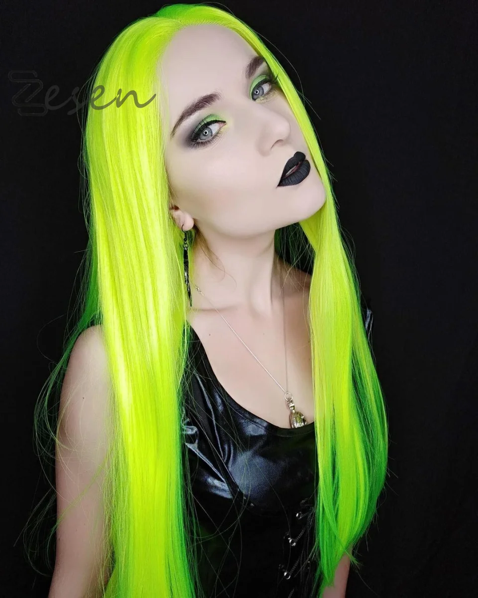 Synthetic Natural Wave Neon Green Yellow Color Synthetic Wig Women Cosplay Use Long Straight Lace Front Wigs Heat Fiber Hair