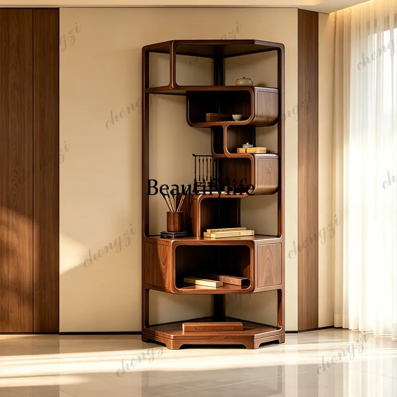 New Chinese black walnut solid wood corner cabinet, living room storage rack, modern simple display locker