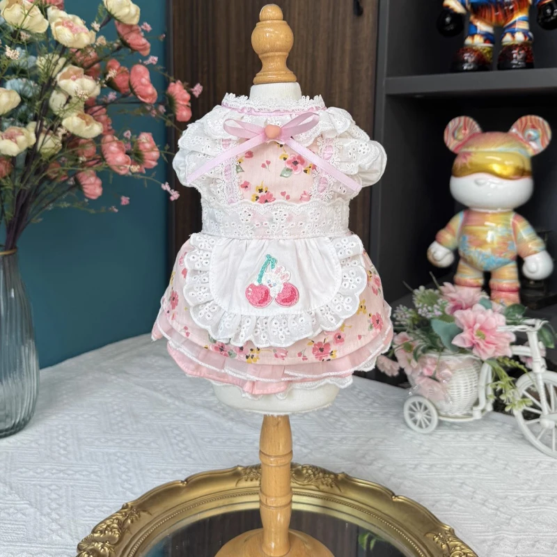 

Simple Cherry Floral Print Puppy Dog Cats Clothing Autumn New Pink Pure Cotton Princess Dress For Small Medium Dog Pet Clothes
