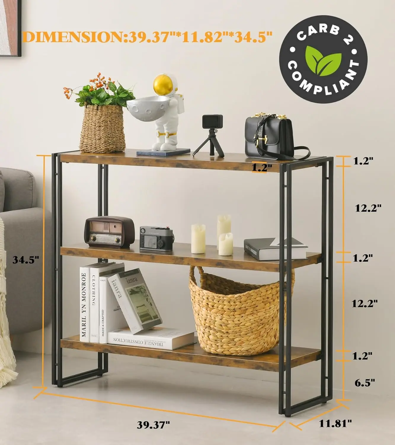 3-Tier Rustic Wood and Metal Industrial Bookcase - 40in, For Home Office, Bedroom, Kitchen, Bathroom