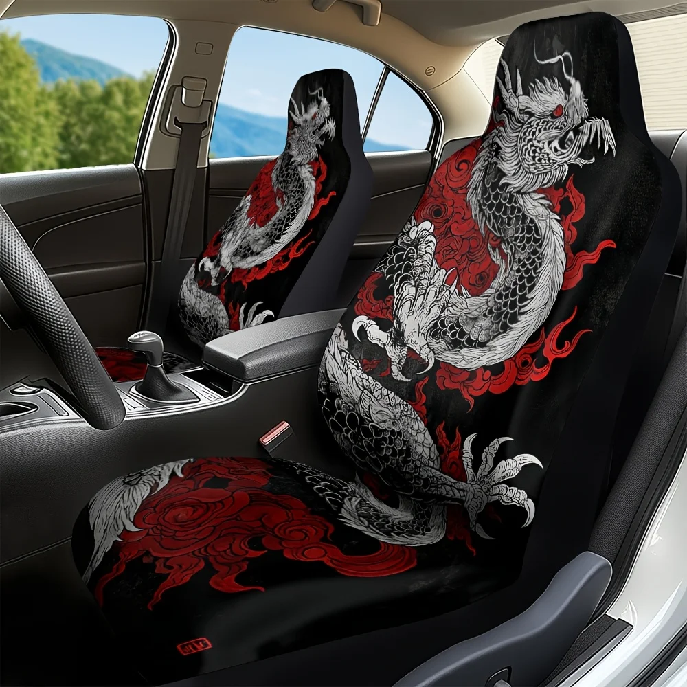 2pcs Dragon Fantasy Print Front Seat Covers - & Red Dragon Design, Durable Polyester, Easy To Install, Enhance Car Interior With