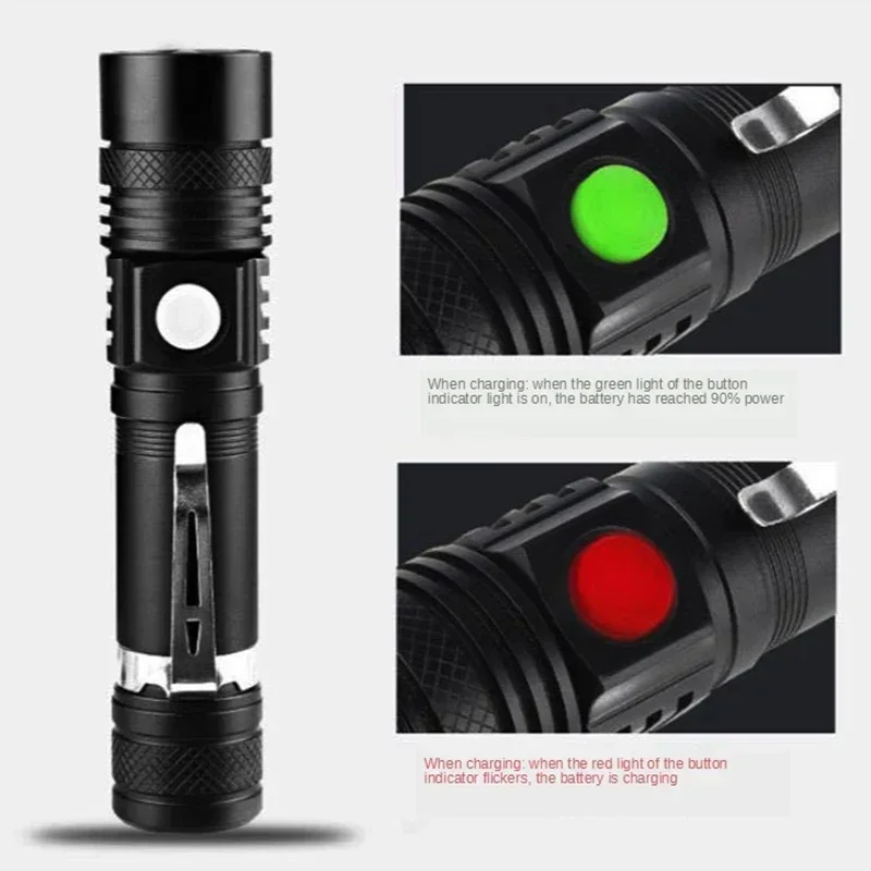 T6 LED Flashlight Strong Light Long-Distance USB Rechargeable 18650 Battery Torch Telescopic Zoom Outdoor Emergency Searchlight