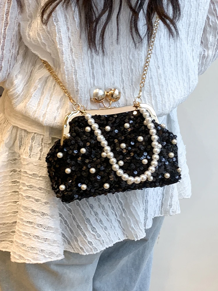 

Модная сумка с диагональным крестом и жемчугом и блестками, высококачественные женские сумки на плечо, универсальная темпераментная маленькая квадратная сумка, банкетные сумки