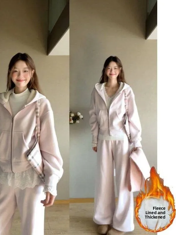 

Корейский повседневный зимний комплект: утепленный флисовый свободный свитшот и брюки, комплект из двух предметов, хлопок, визуально стройнящий, в стиле lazy style