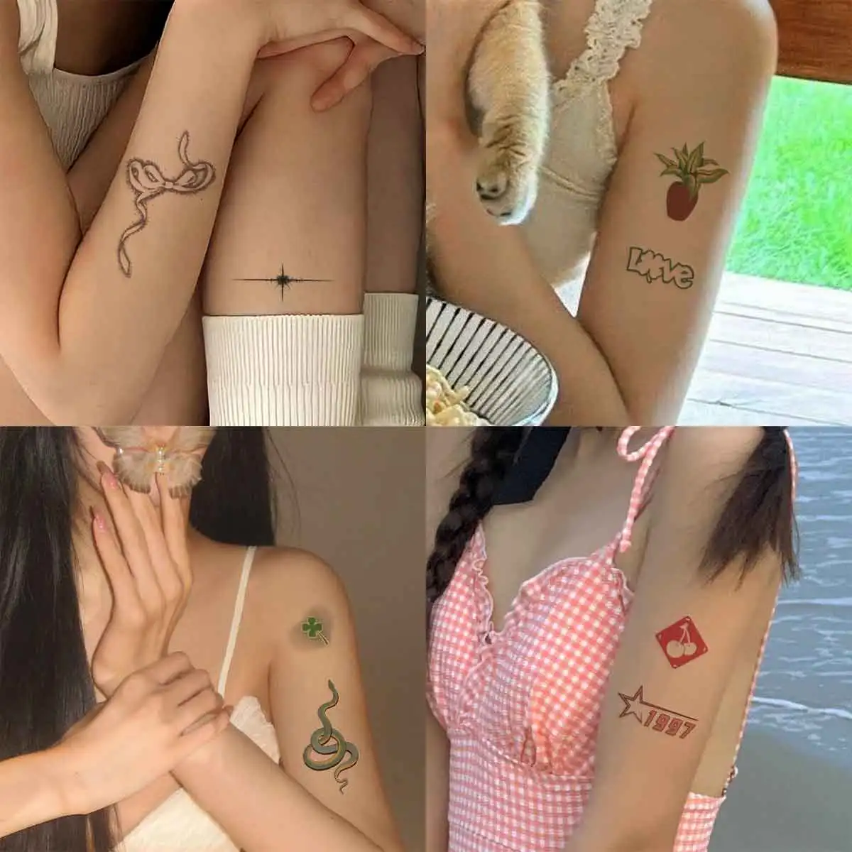 4 Vellen Cartoon Groene Plant Tattoo Stickers Voor Vrouwen Mannen Schattige Ster Hart Tijdelijke Tatouage Temporaire Body Art