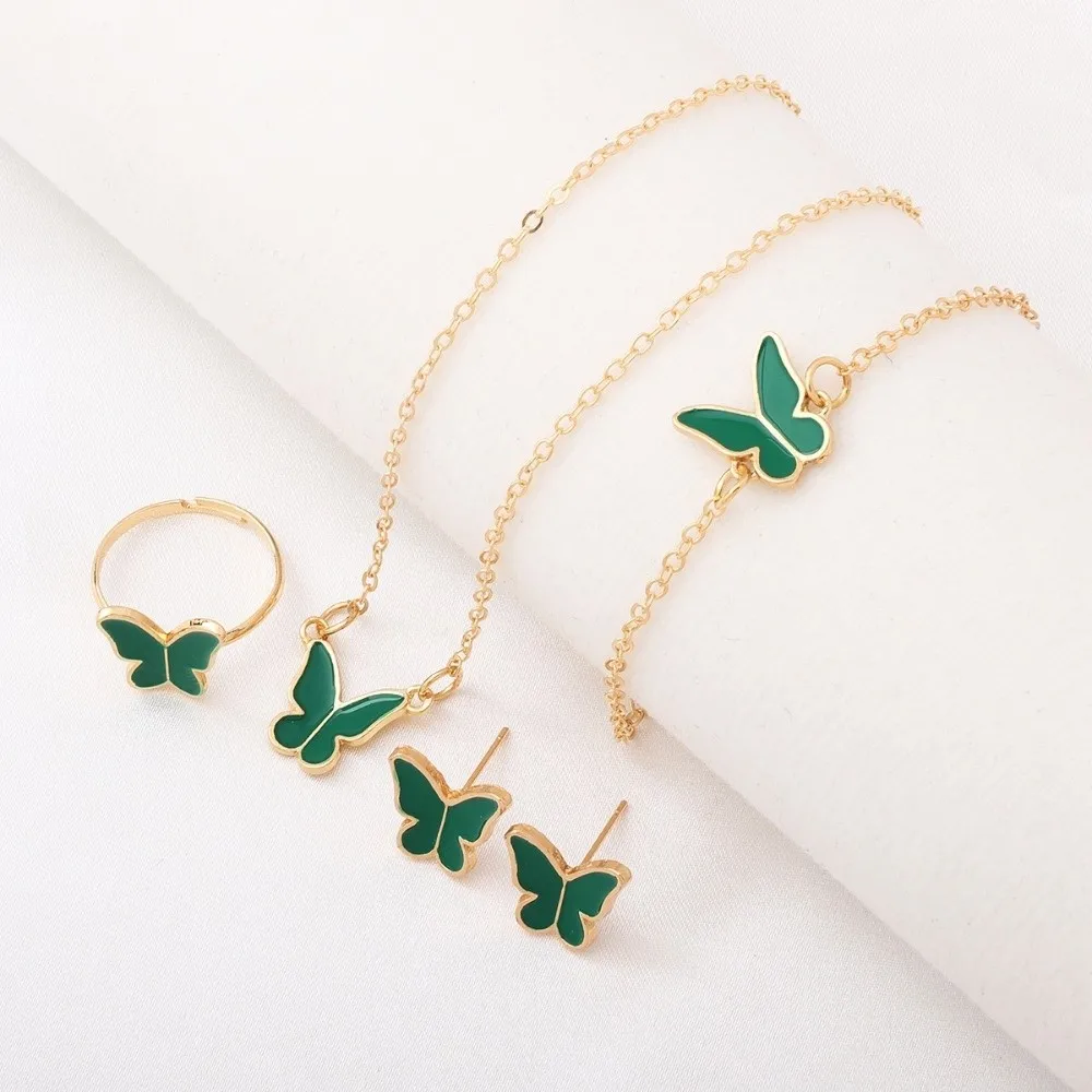 Elegance Style Butterfly Jewelry Set Dripping Oil Fashion Heart Necklace Ring Set Minimalist Creative