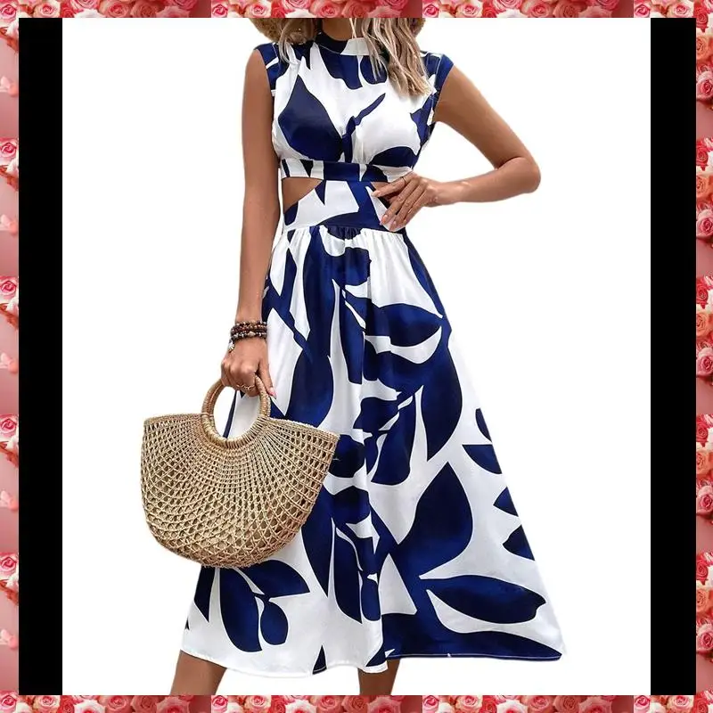 Women's Summer Dress Floral Print Cutout Batwing Sleeve Round Neck A-Line High Waist Midi Dress