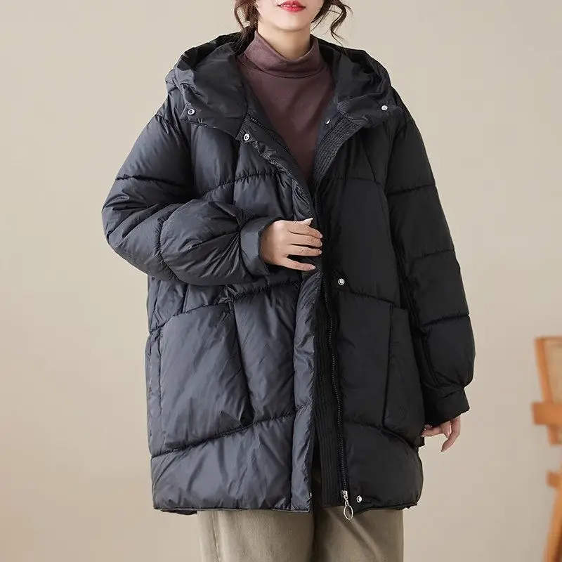 Women\'s Winter Coat Thickened Down Jacket with Hood, Oversized Long Parka Cotton Blend, Warm Windproof Casual Outerwear Z4342