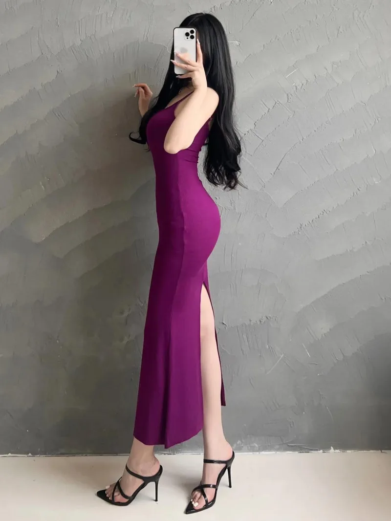 Pure Desire Spicy Girl Trägerkleid, Damen-Sommer-Look, dünne Tasche, Hüfte, geteilt, langes Kleid, elegante, süße Mode, Damen-Oberteile L7SY