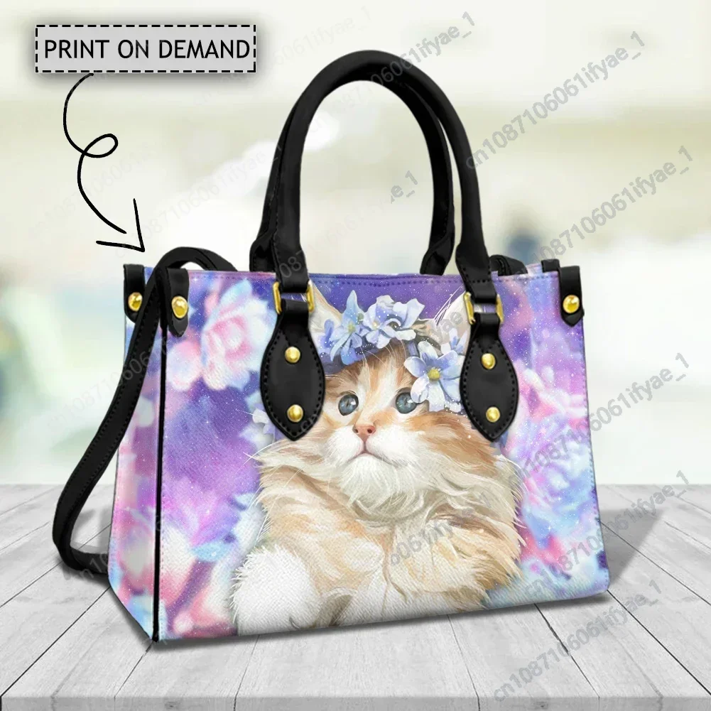 Cute Cat Handbags Gifts for Animal Lovers Flower Brand Design New Fashion Cross Body Bags for Women Leather Casual Shoulder Bag