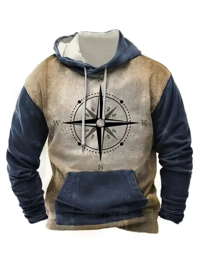 3D Printed Hoodie: Men's Casual Fall/Winter Sweatshirt with Compass Design - Polyester Blend, Regular Fit, and Elastic Fabric