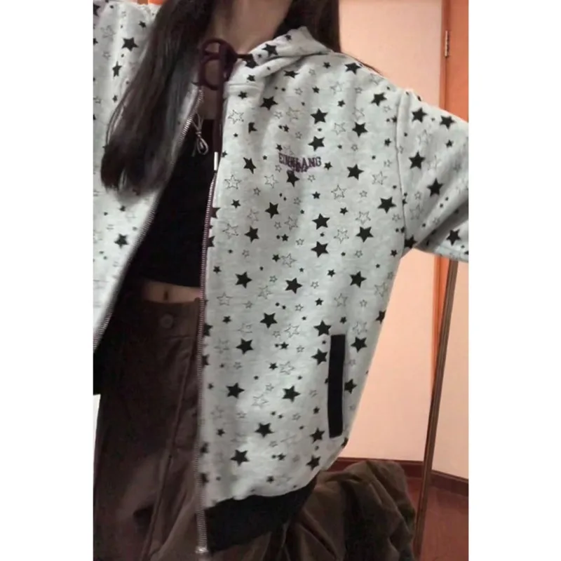 

American Star Print Coats Preppy Style Vintage Loose Y2k Hooded Sudadera Mujer Korean Sweatshirts Long Sleeve Casual