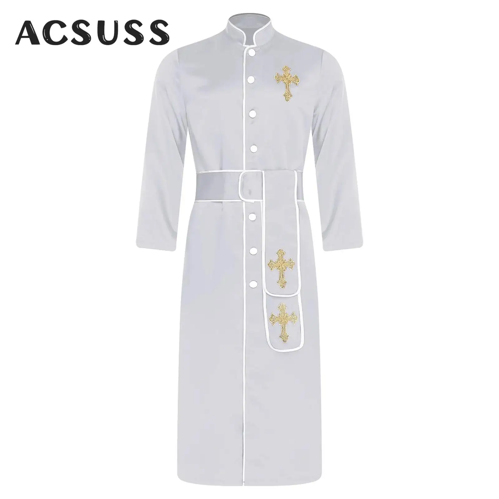 

Men Priest Clergy Church Choir Robe with Belt Cross Embroidery Catholic Minister Cassock Vestment for Halloween Pastor Cosplay