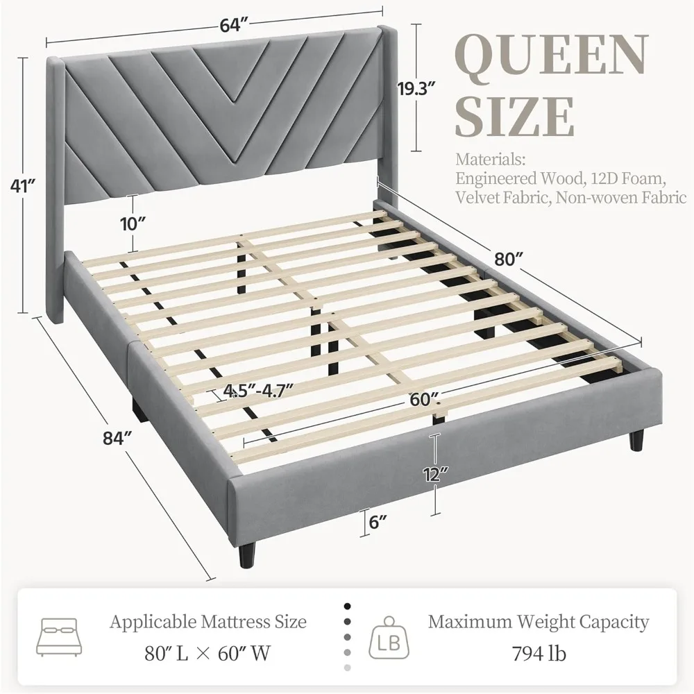 Queen Bed Frame Upholstered Platform Bed with Wing Side/Wooden Slat Support/Tufted Headboard with Wing Side/Mattress