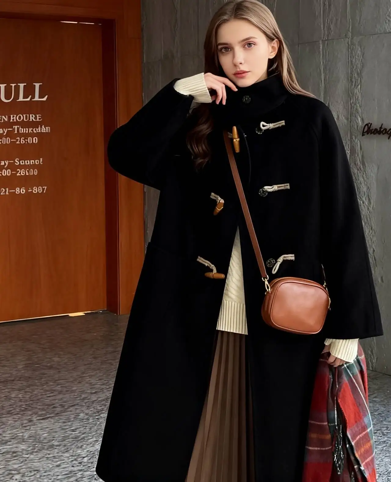 

Wool Blend Coats Womens Woolen Coat A Line Autumn Fleece-Lined Plaid Decorative Sashes A-Line Flared Elegant Conference College