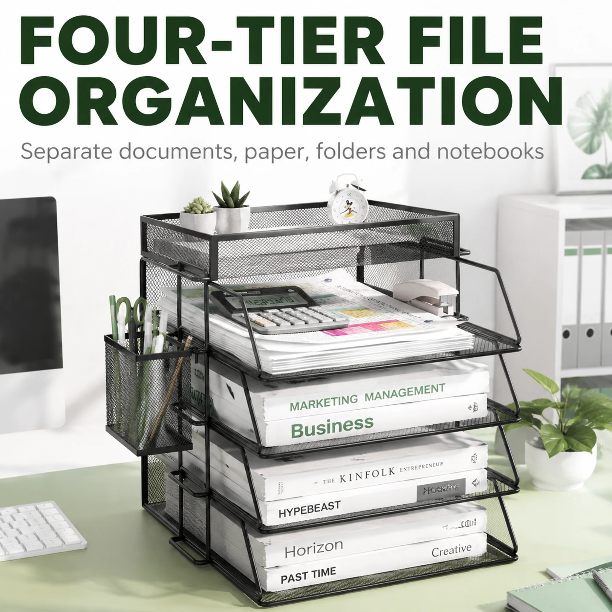 4-Tier Desktop File Organizer Rack Metal Mesh Document Holder with Side Pen Holder Top Tray for Office Home Study