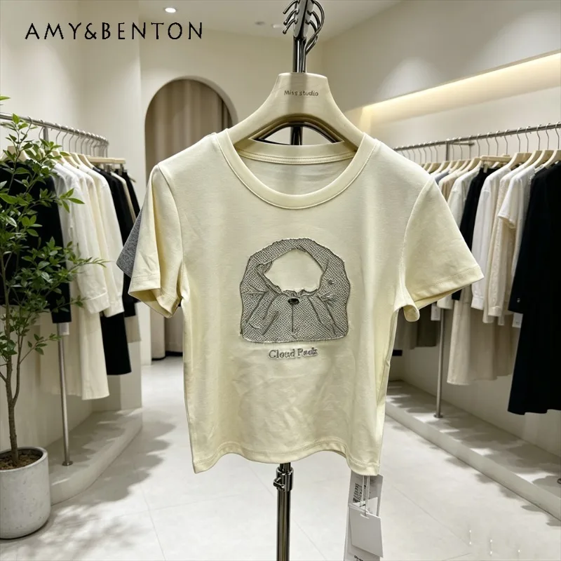

Right Shoulder Silm Fit Short Top Heavy Industry Embroider Diamond-encrusted Bag Sense Of Design Short-sleeved T-shirt For Women