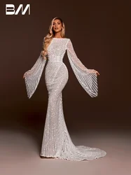 Shiny Boat Neck Bride Dresses Luxury Mermaid Backless Long Sleeve Wedding Dress Women Customized Pearls Gown Vestidos De Novia