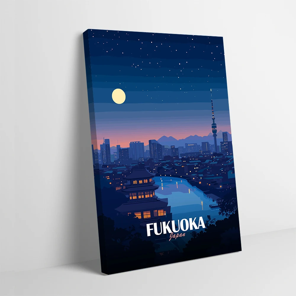 Fukuoka Japón noche paisaje urbano ilustración impresión cartel imágenes personalizables cuadro sobre lienzo para pared regalo para decoración habitación