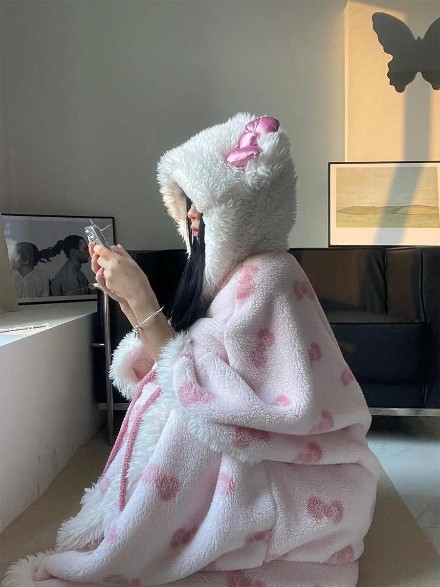 Cute Cartoon Little Bat Hooded Wearable Blanket Soft Coral Fleece Shawl Cape Nap Nightgown Ideal Holiday Gift Girls Lovers