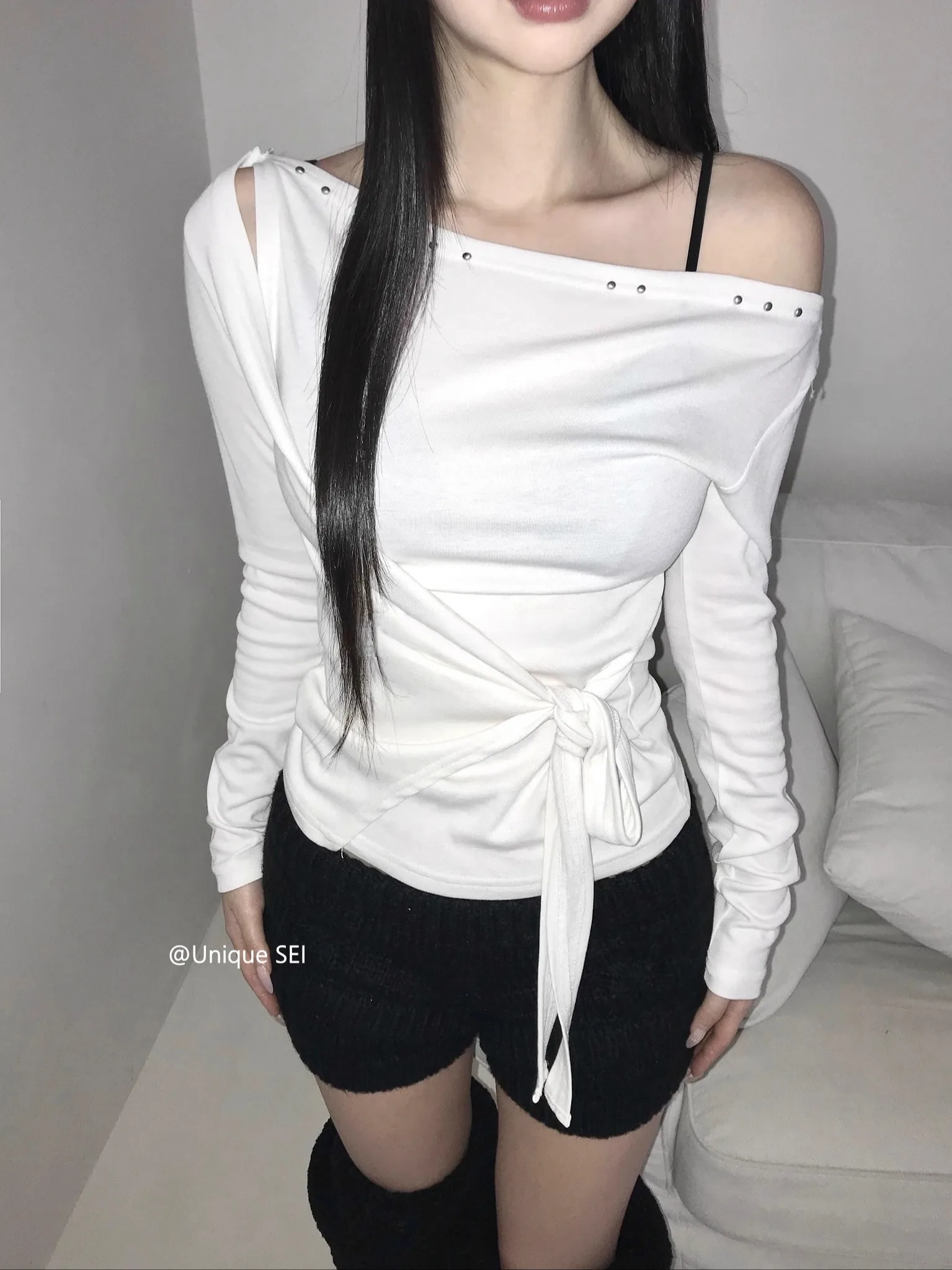 Korean Style Long Sleeve T-Shirt Women's Casual Slimming Boat Neck Tie Waist Unique SEI Hot Girl Versatile Unusual Design Top