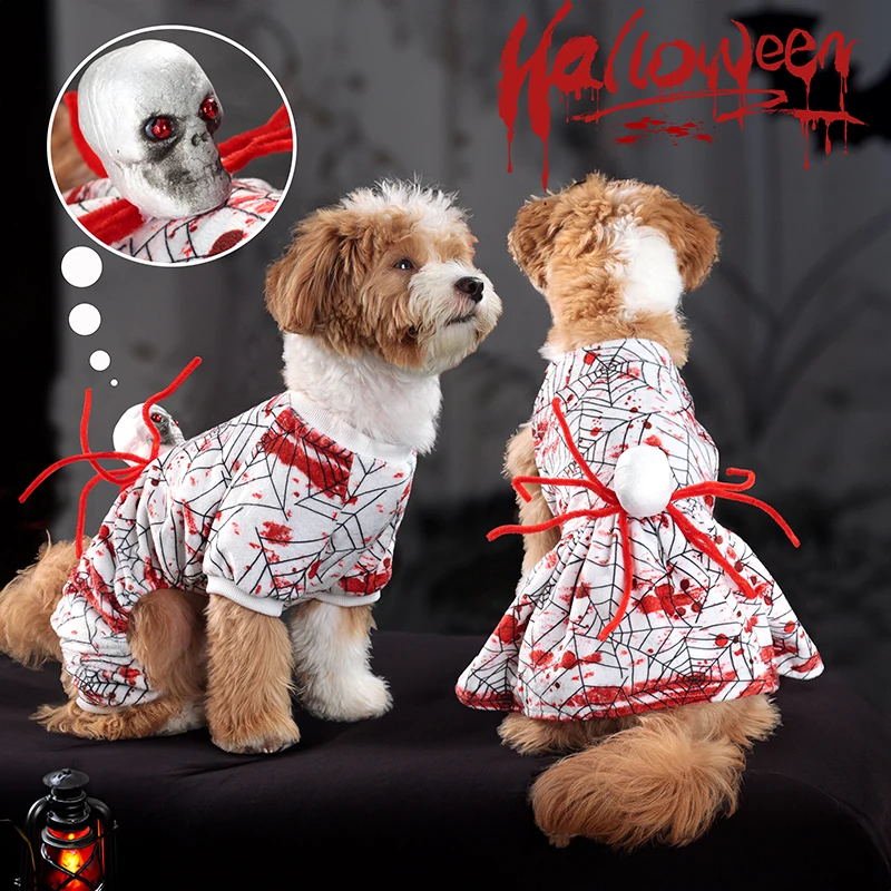 Halloween-Hundekleid, blutige Spinne – Netz-Print-Outfit mit Totenkopf-Kopfbedeckung, gruseliges und bezauberndes Kleid für kleine Hunde, Katzen, Haustiere