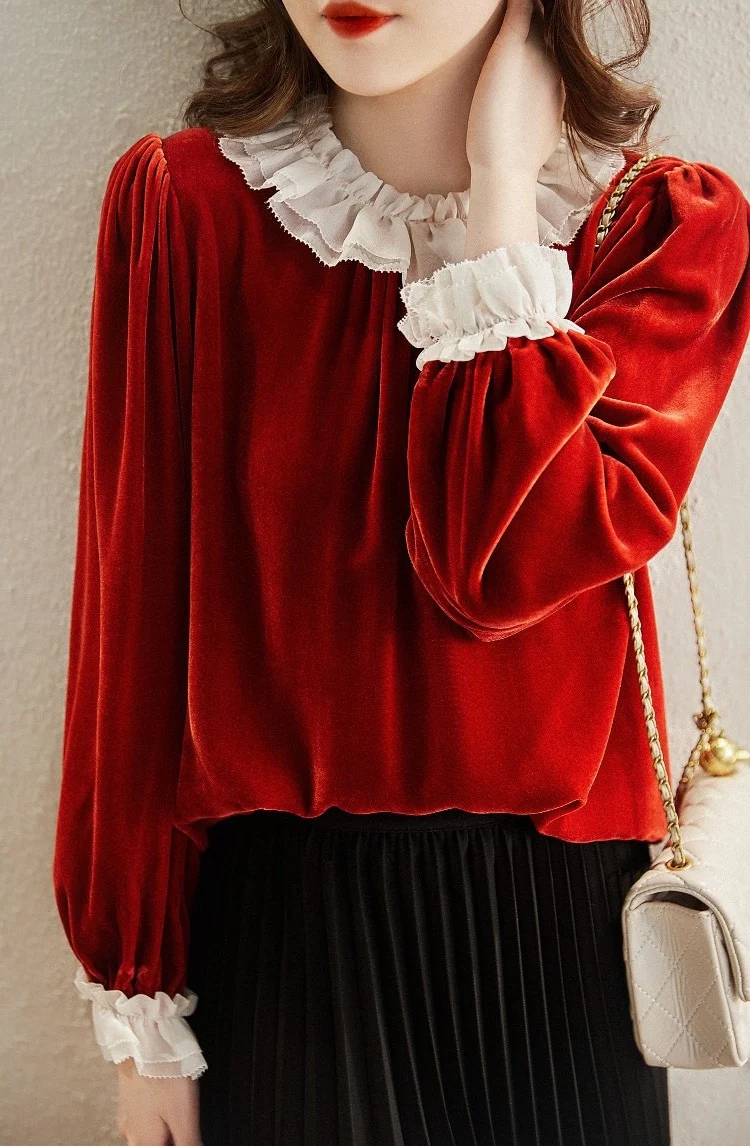 

Winter and 2023 New Autumn Women's Clothing Classic Contrast Color Velvet Gentle Lace Long-Sleeved Top 0928