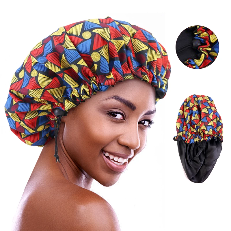 Women Large Satin Ankara Bonnets Elastic Lined African Head Sleep Bonnet Female Wrap Cap Print Head Cover Bonnets Turban