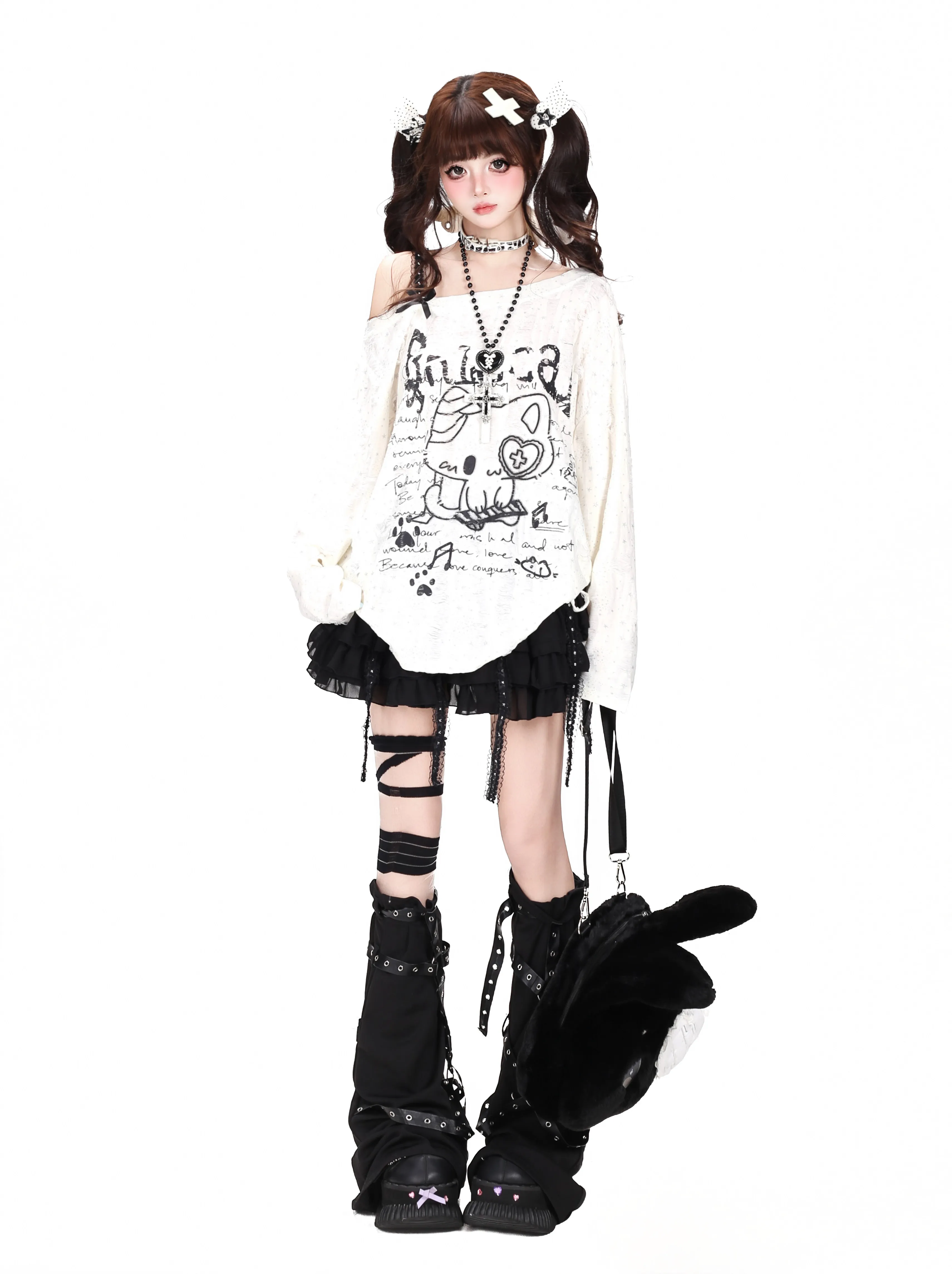 Y2K Gothic Cartoon Bunny Print Off Shoulder Long Sleeve Top Women Oversized Star Jacquard Grunge Loose Tee