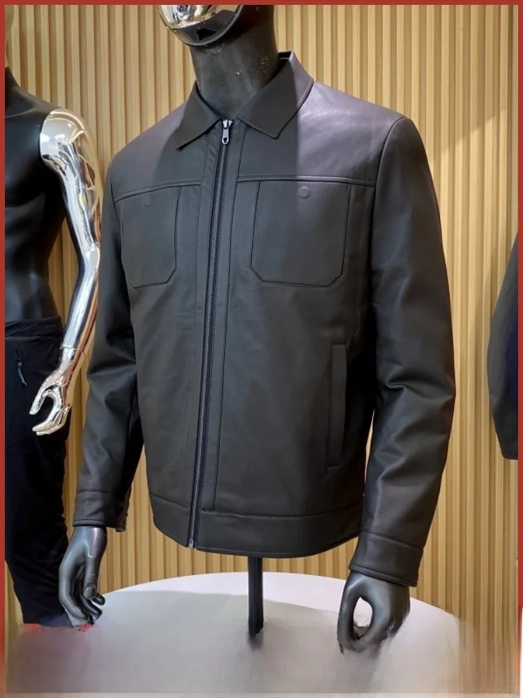 

Men's High-End Busin Commuter down Jaet Ultra-Leather Goose down Quilted Warm Windproof Zipper Sle Long Sve Coat