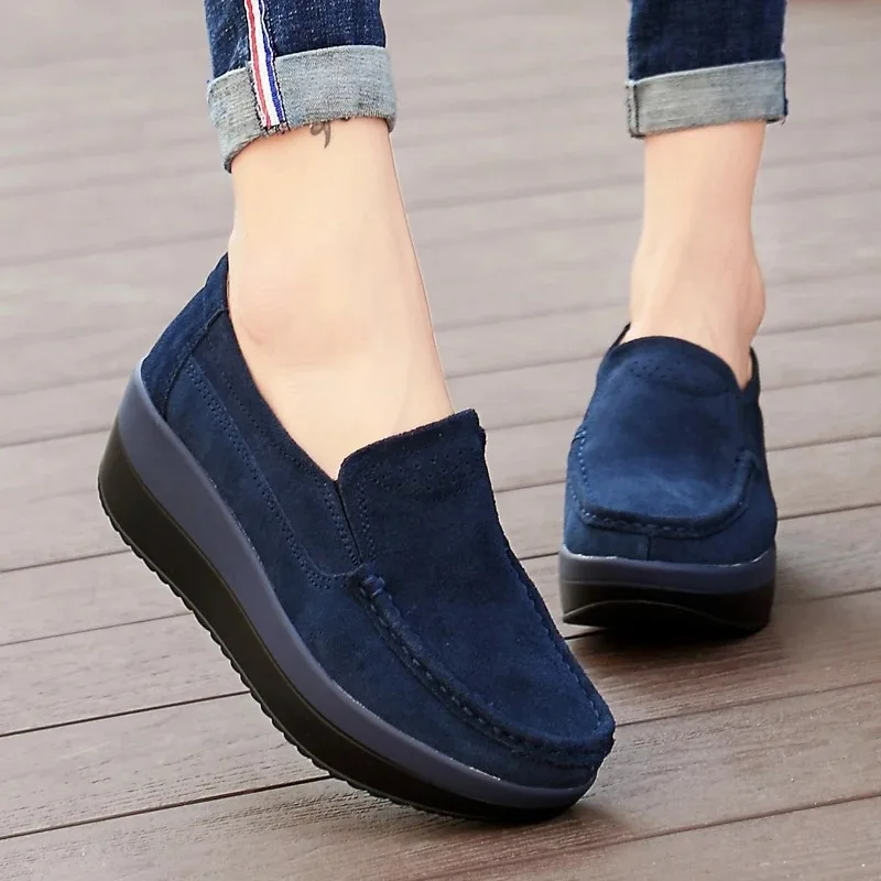 Women Flat Platform Loafers Ladies Elegant Suede Leather Moccasins Shoes Woman Slip On Moccasin Women\'s Blue Casual Shoes