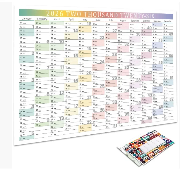 تقويم حائط ملون لعام 2026 مع 365 ملصقًا |   مخطط السنة، مذكرة ومنظم الجدول الزمني