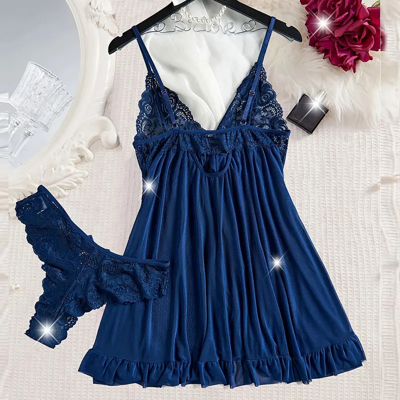 مجموعة من قمصان النوم الرسن فستان سهرة صيفي المبيعات الساخنة ثونغ/البيجامة مجموعات الخامس الرقبة بلا أكمام ملابس النوم ثوب النوم الدانتيل الخالص #2