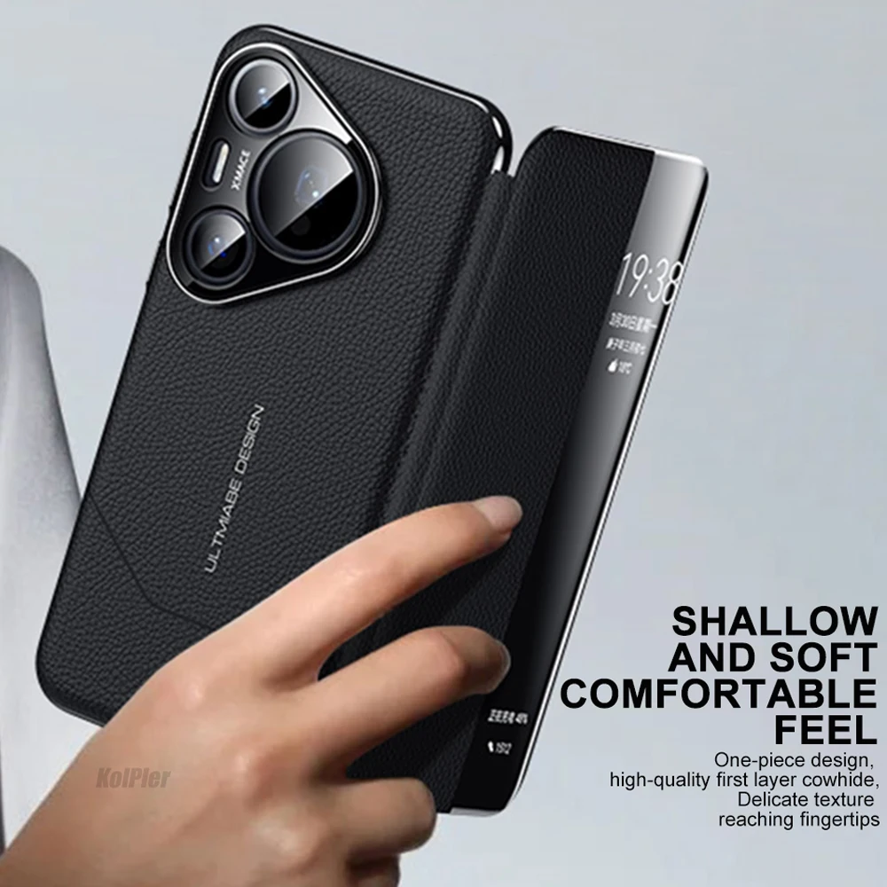 Luxury Genuine Leather Flip Cover For Huawei PURA 70 ULTRA Case Original plating Magnetic Smart Touch View Wake Sleep Up Cover