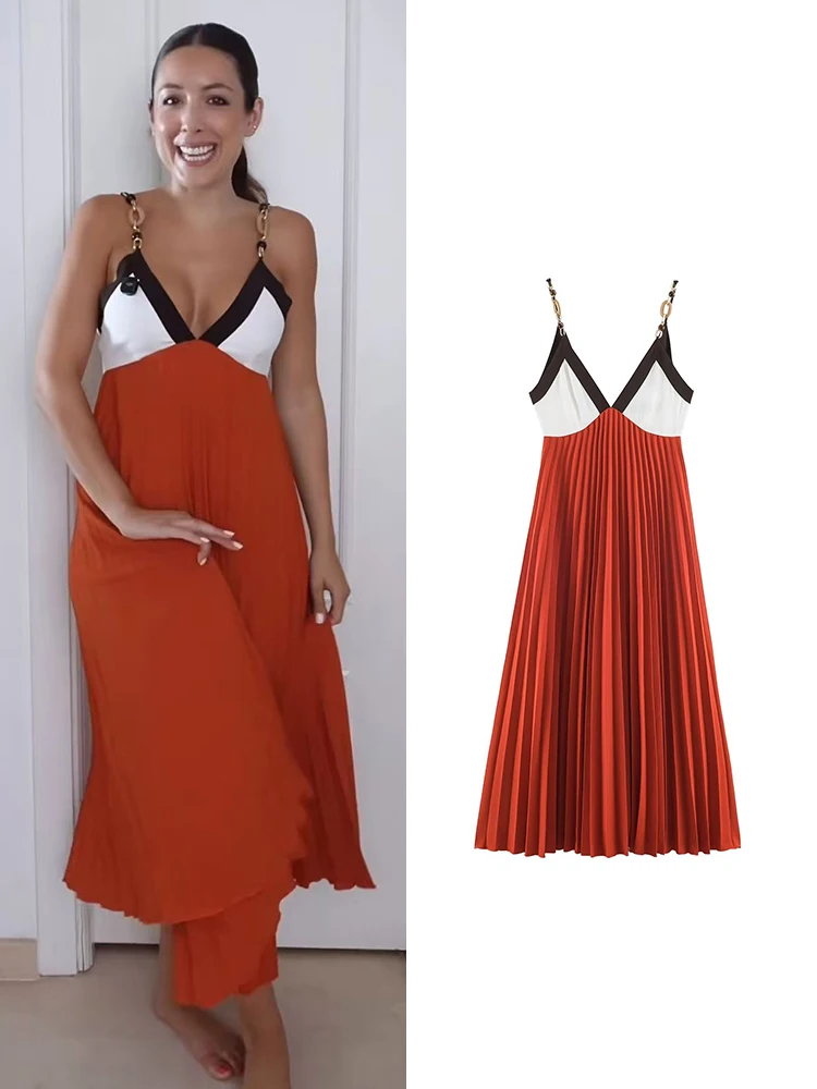 TFMLN Summer Women Beach Style Dress Vintage Slim Fit A-line Beading Sling Dress Sexy Open Back V-neck Contrast Patchwork Dress