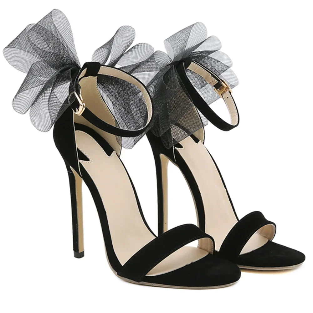 Sexy Black Lace Butterfly-knot Decoration Women Sandals One Word Peep Toe Buckle Strap Cover Heel Thin High Heeled Banquet Shoes