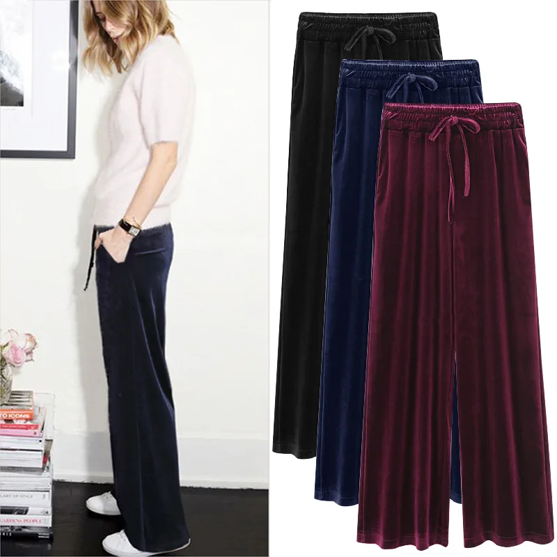 

Golden Velvet Wide Leg Pants For Women Large Size 5xl 6xl High Waist Pants Casual Loose Velour Trousers Female