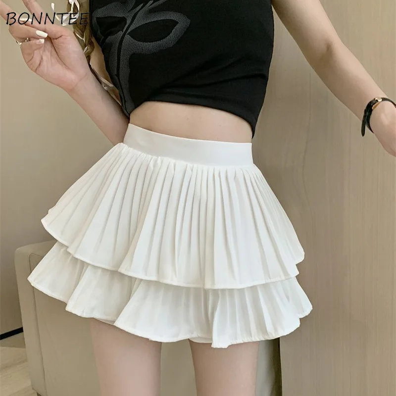 Skirts Women Solid Pleated Minimalist Girlish Tender High Waist Mini Design All-match Streetwear Summer Temper Chic Korean Style